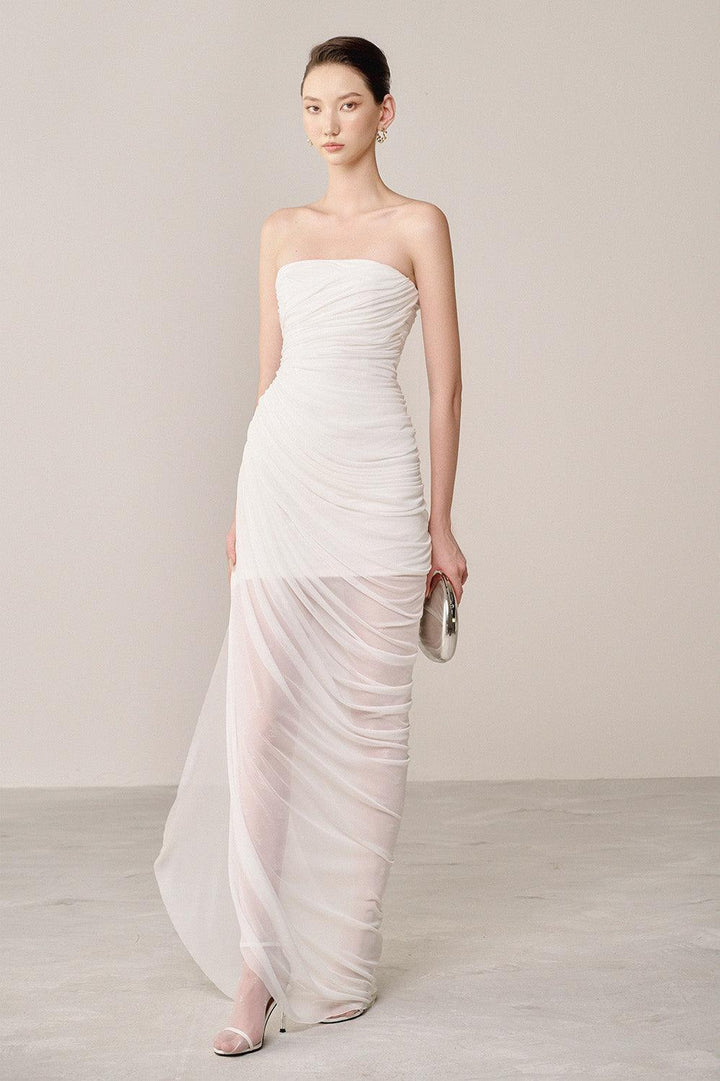 Thalon Strapless Gathered Organza Spandex Maxi Dress - MEAN BLVD