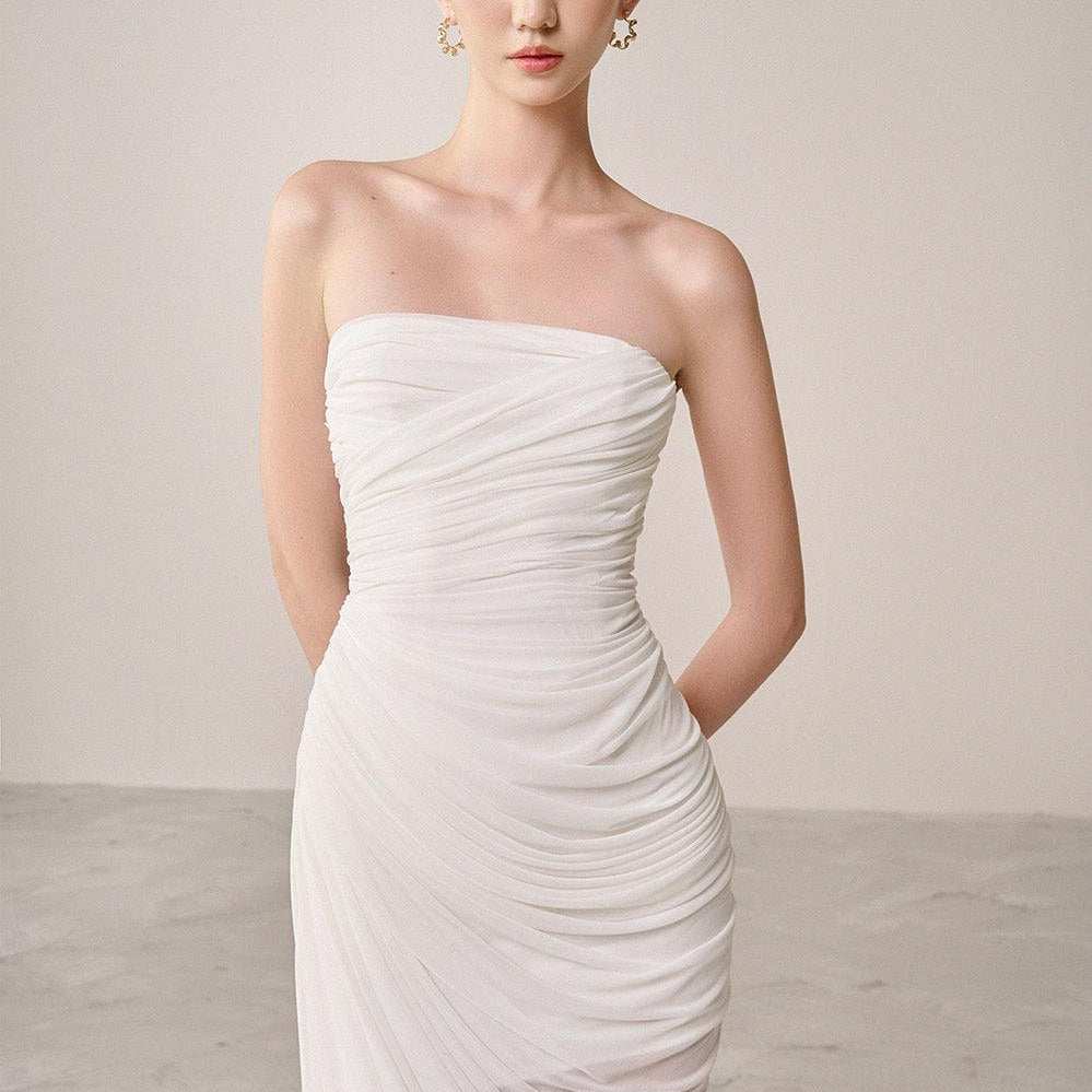 Thalon Strapless Gathered Organza Spandex Maxi Dress - MEAN BLVD