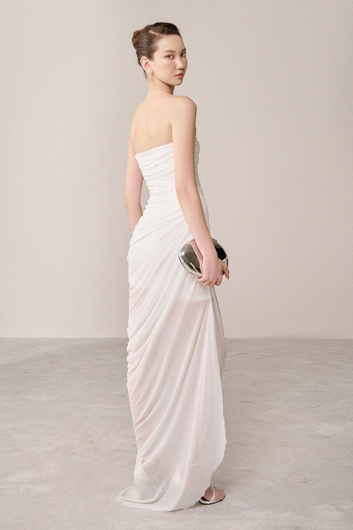 Thalon Strapless Gathered Organza Spandex Maxi Dress - MEAN BLVD