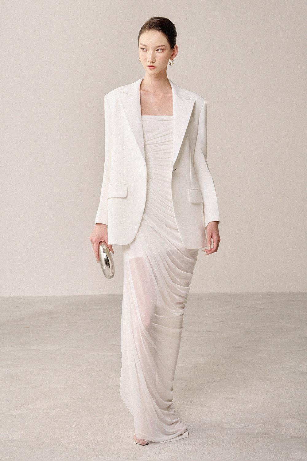 Thalon Strapless Gathered Organza Spandex Maxi Dress - MEAN BLVD