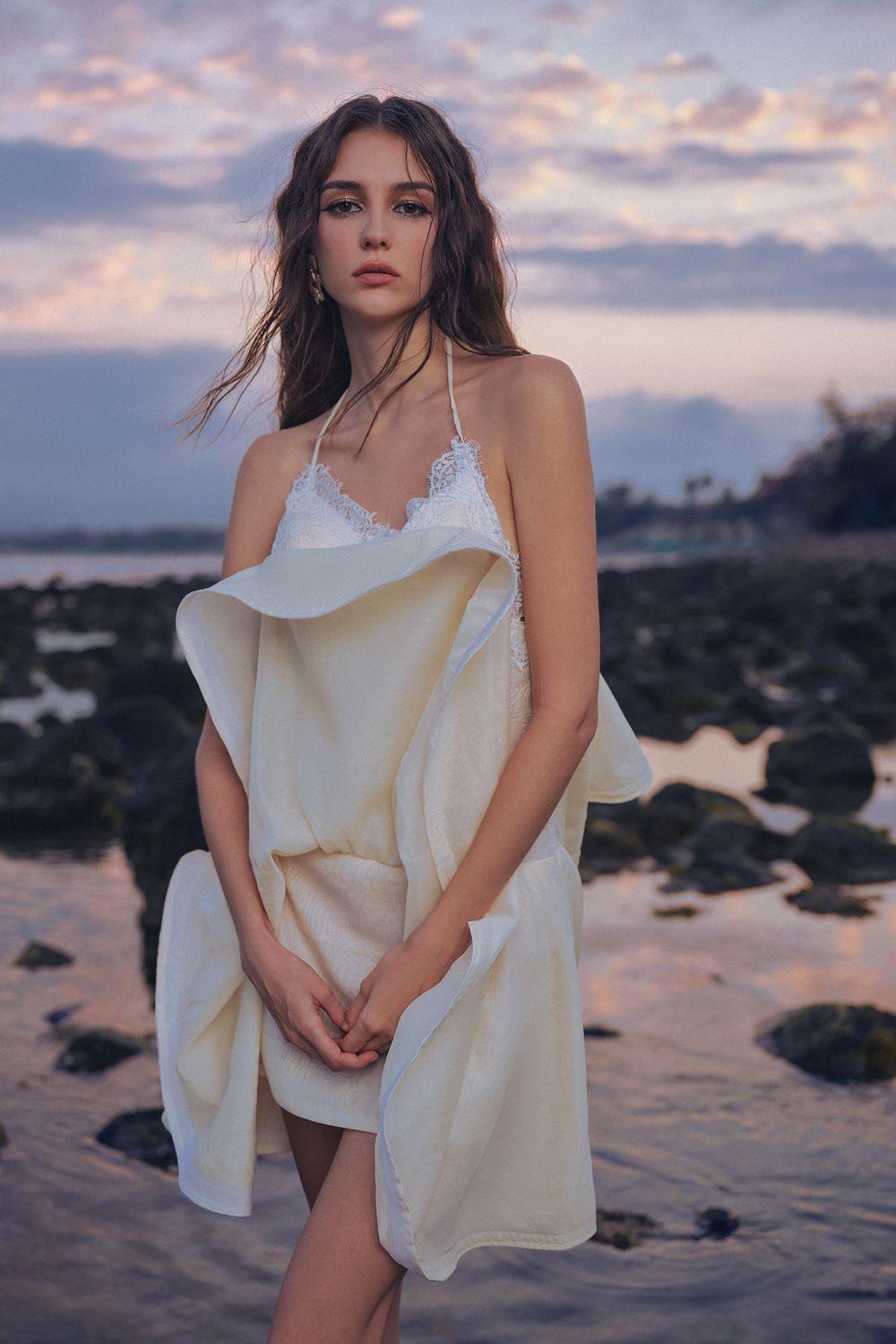 Women's The Bird Halter Sleeveless Chiffon Mini Dress  XS/XS/S/M/L/XL/Customize Cream MEAN BLVD