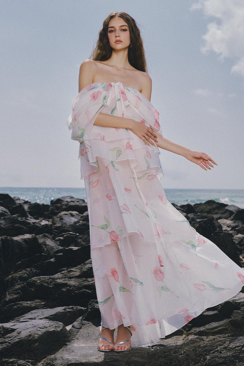 Women's The Deer Layered Off-Shoulder Chiffon Ankle Length Dress XS/XS/S/M/L/XL/Customize White Floral MEAN BLVD M / White / Floral Women's The Deer Layered Off-Shoulder Chiffon Ankle Length Dress XS/XS/S/M/L/XL/Customize White Floral MEAN BLVD M / White / Floral