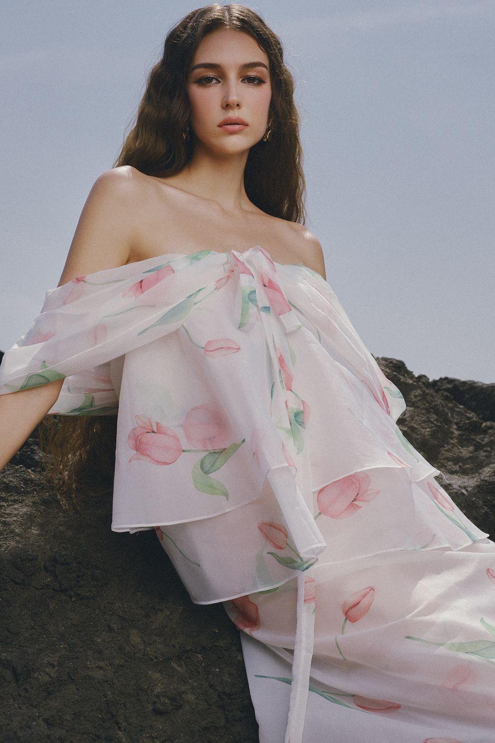 a line wedding guest dress plus size Women's The Deer Layered Off-Shoulder Chiffon Ankle Length Dress XS/XS/S/M/L/XL/Customize White Floral MEAN BLVD M / White / Floral