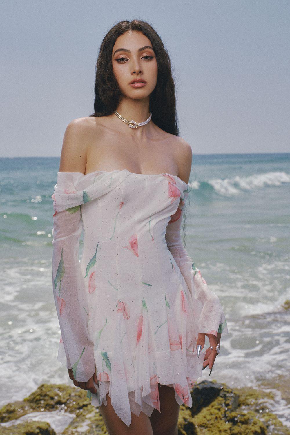 Women's The Dew Drop Waist Off-Shoulder Spandex Mini Dress XS/XS/S/M/L/XL/Customize White Floral MEAN BLVD Women's The Dew Drop Waist Off-Shoulder Spandex Mini Dress XS/XS/S/M/L/XL/Customize White Floral MEAN BLVD