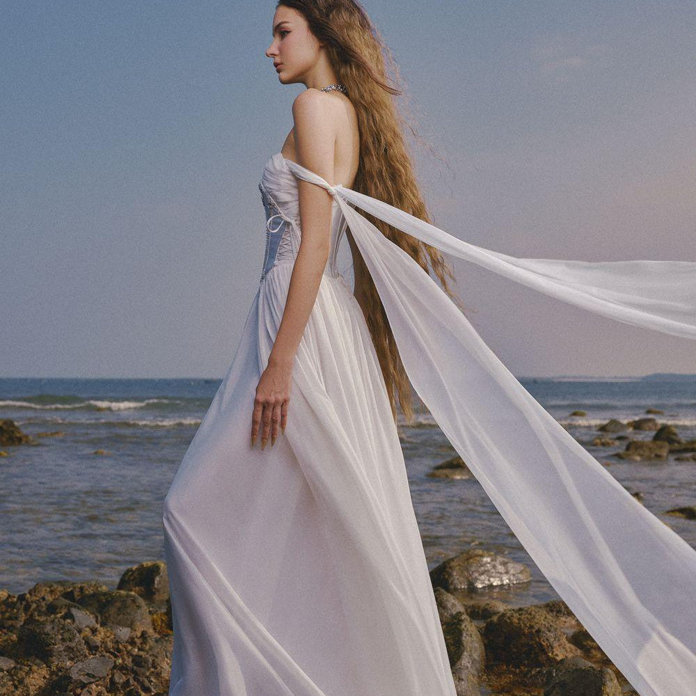 The Lake Gathered Sweetheart Neck Chiffon Floor Length Dress - MEAN BLVD