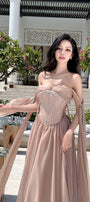 The Lake Gathered Sweetheart Neck Chiffon Floor Length Dress - MEAN BLVD