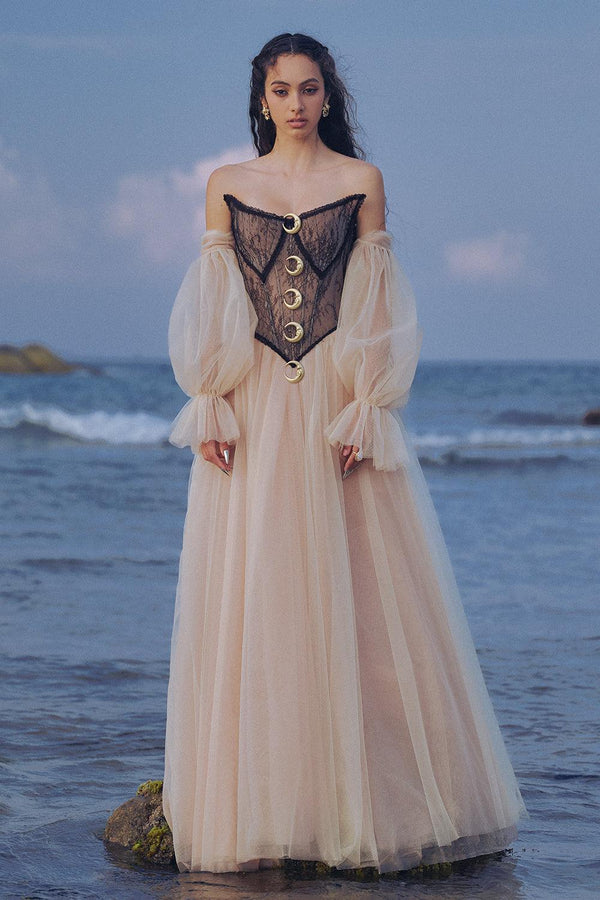 The Moon Ball Gown Corset Waist Mesh Lace Floor Length Dress - MEAN BLVD