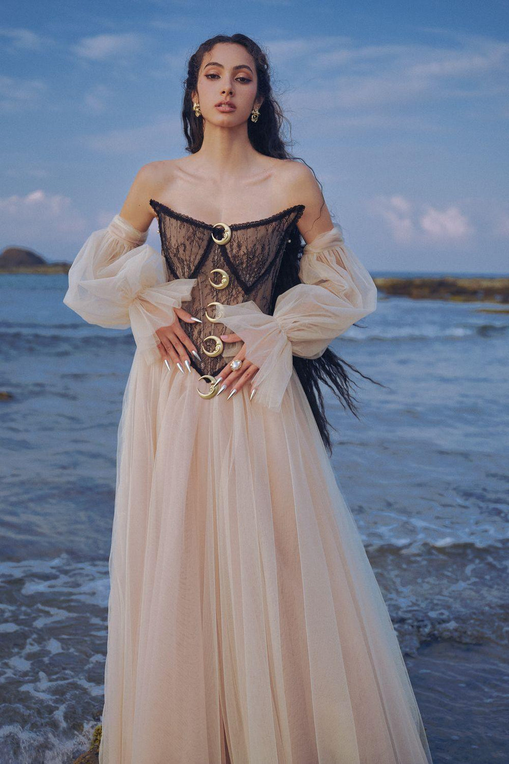 Women's The Moon Ball Gown Corset Waist Mesh Lace Floor Length Dress XS