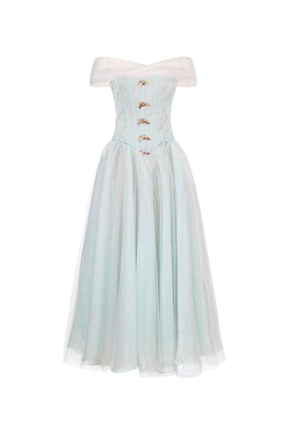 Women's The Ocean Fit and Flare Corset Waist Chiffon Midi Dress XS/XS/S/M/L/XL/Customize Blue/Pink/Nude MEAN BLVD Blue / S Women's The Ocean Fit and Flare Corset Waist Chiffon Midi Dress XS/XS/S/M/L/XL/Customize Blue/Pink/Nude MEAN BLVD Blue / S
