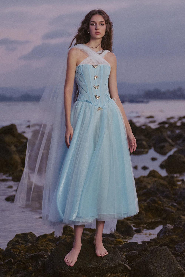 Women's The Ocean Fit and Flare Corset Waist Chiffon Midi Dress XS/XS/S