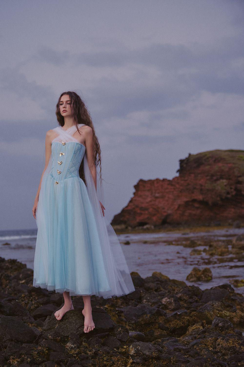 Women's The Ocean Fit and Flare Corset Waist Chiffon Midi Dress XS/XS/S/M/L/XL/Customize Blue/Pink/Nude MEAN BLVD Blue / S Women's The Ocean Fit and Flare Corset Waist Chiffon Midi Dress XS/XS/S/M/L/XL/Customize Blue/Pink/Nude MEAN BLVD Blue / S