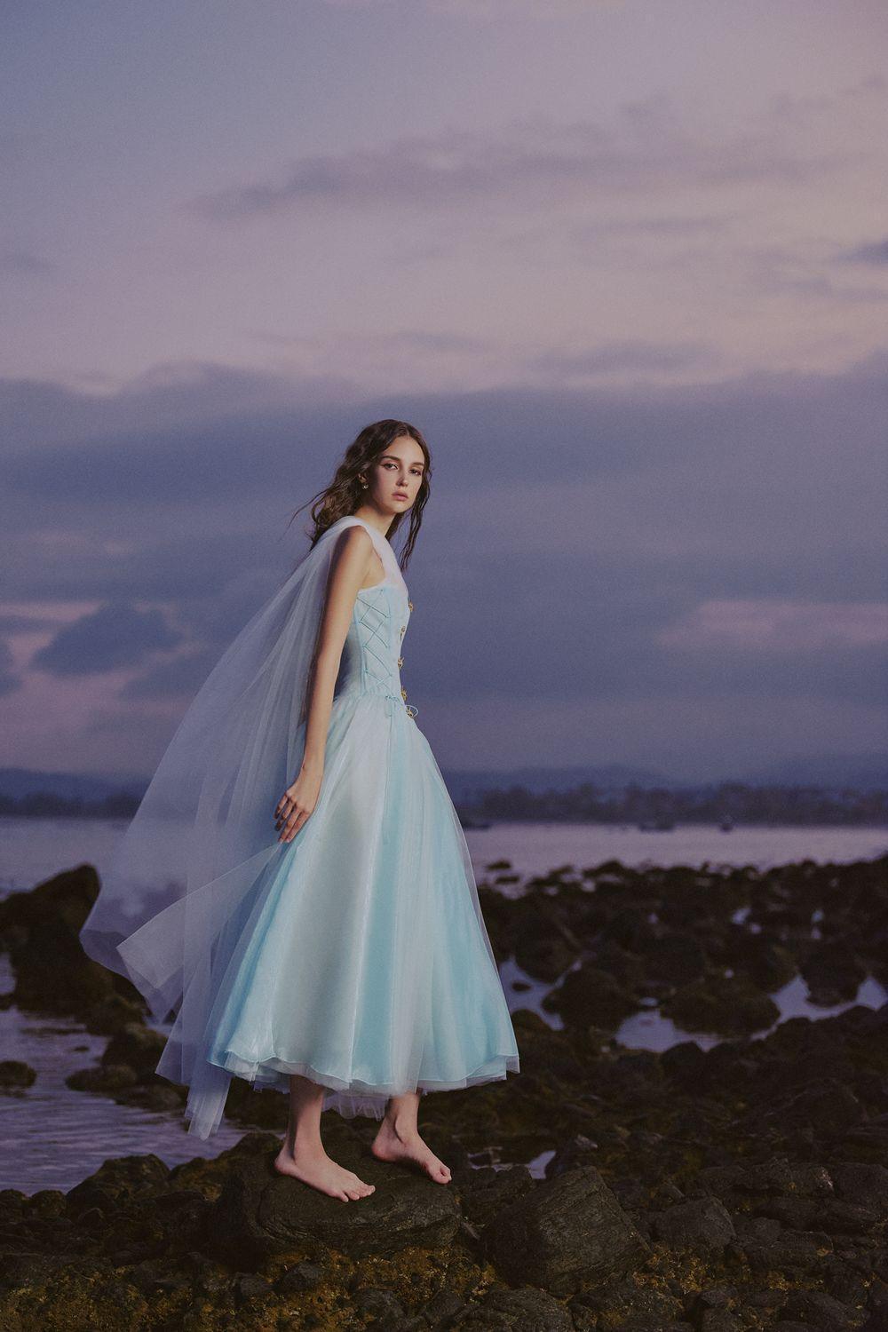 Women's The Ocean Fit and Flare Corset Waist Chiffon Midi Dress XS/XS/S/M/L/XL/Customize Blue/Pink/Nude MEAN BLVD Blue / S Women's The Ocean Fit and Flare Corset Waist Chiffon Midi Dress XS/XS/S/M/L/XL/Customize Blue/Pink/Nude MEAN BLVD Blue / S