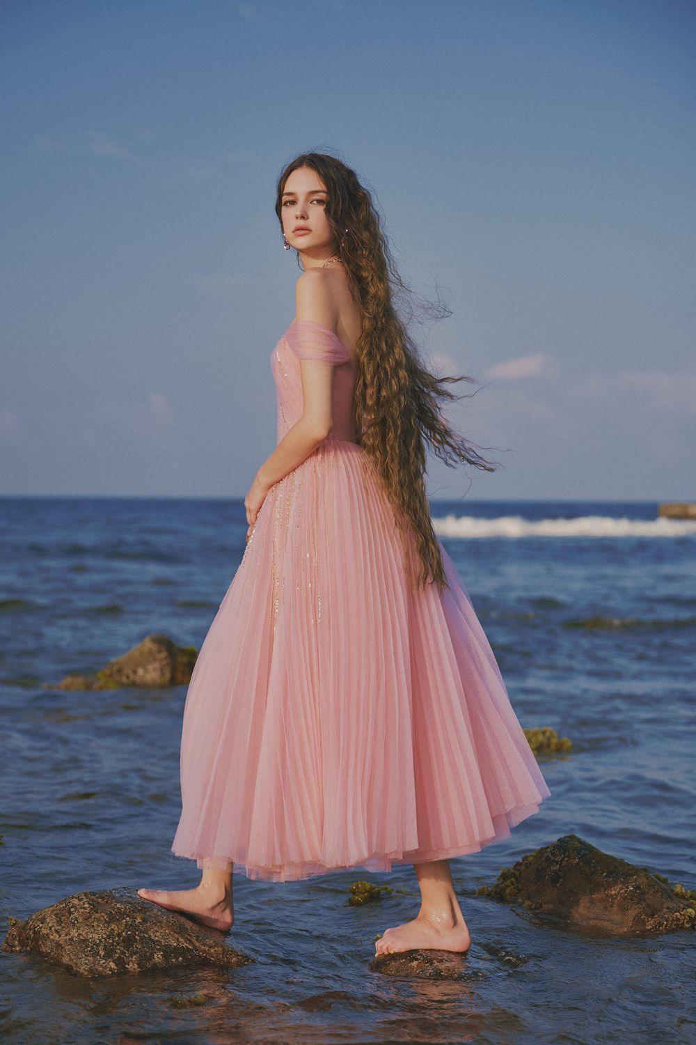 pink mesh star dress Moon & Star Embellished Mesh Dress