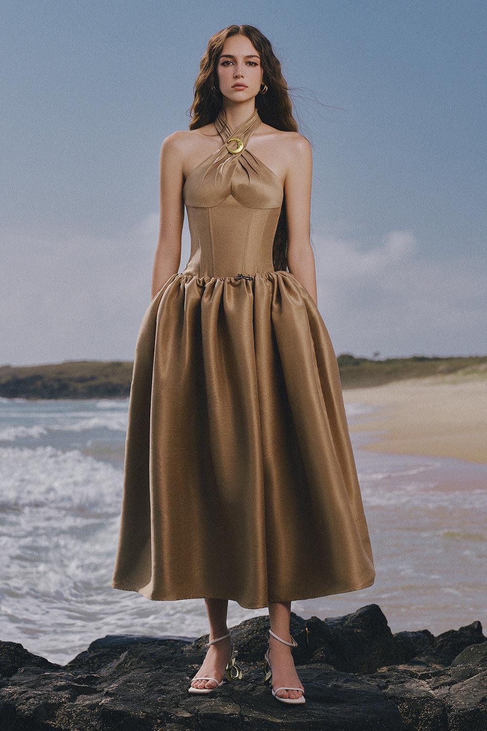 Women's The Wood Fit and Flare Crossover Neck Taffeta Ankle Length Dress XS/XS/S/M/L/XL/Customize Brown MEAN BLVD Brown / M Women's The Wood Fit and Flare Crossover Neck Taffeta Ankle Length Dress XS/XS/S/M/L/XL/Customize Brown MEAN BLVD Brown / M