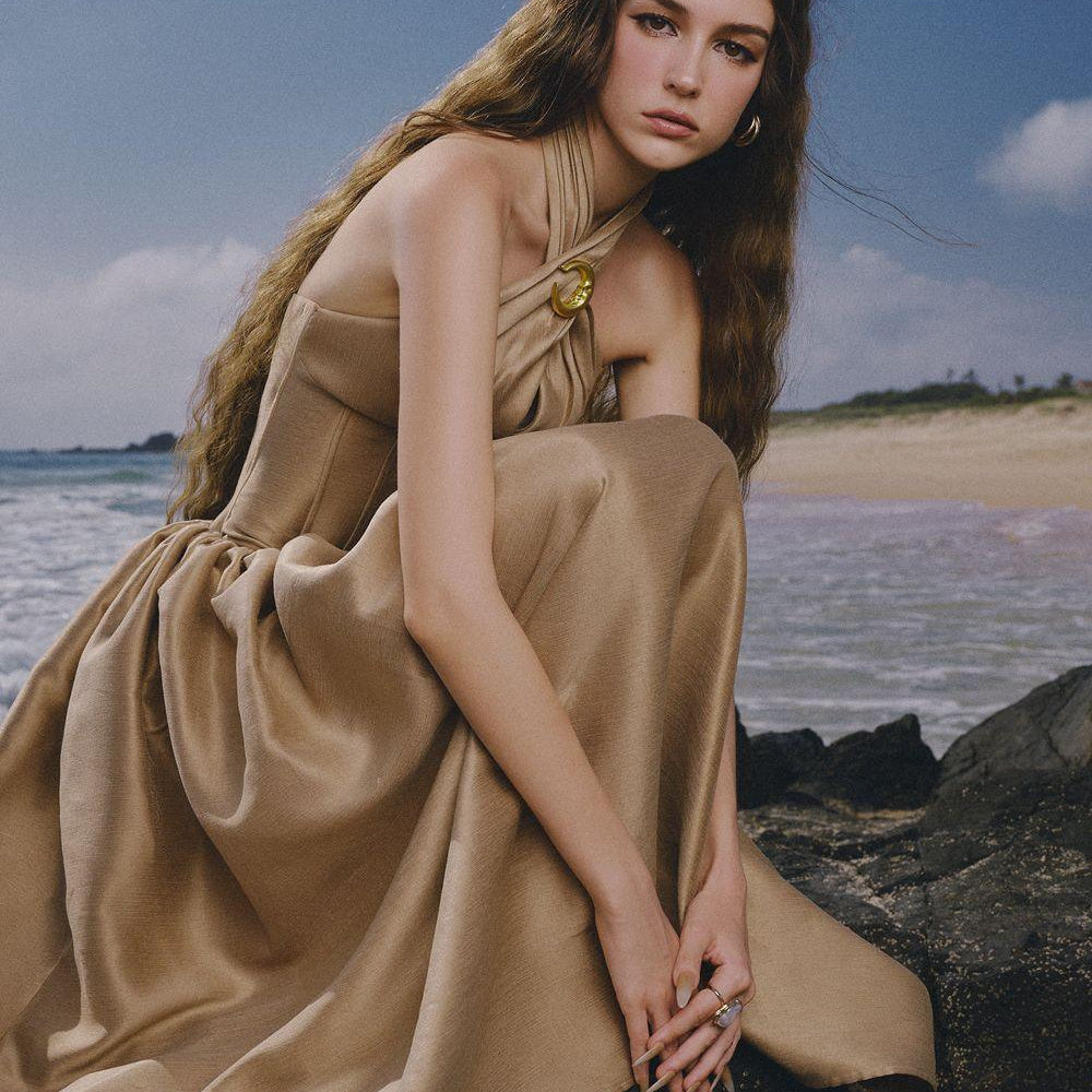 The Wood Fit and Flare Crossover Neck Taffeta Ankle Length Dress - MEAN BLVD