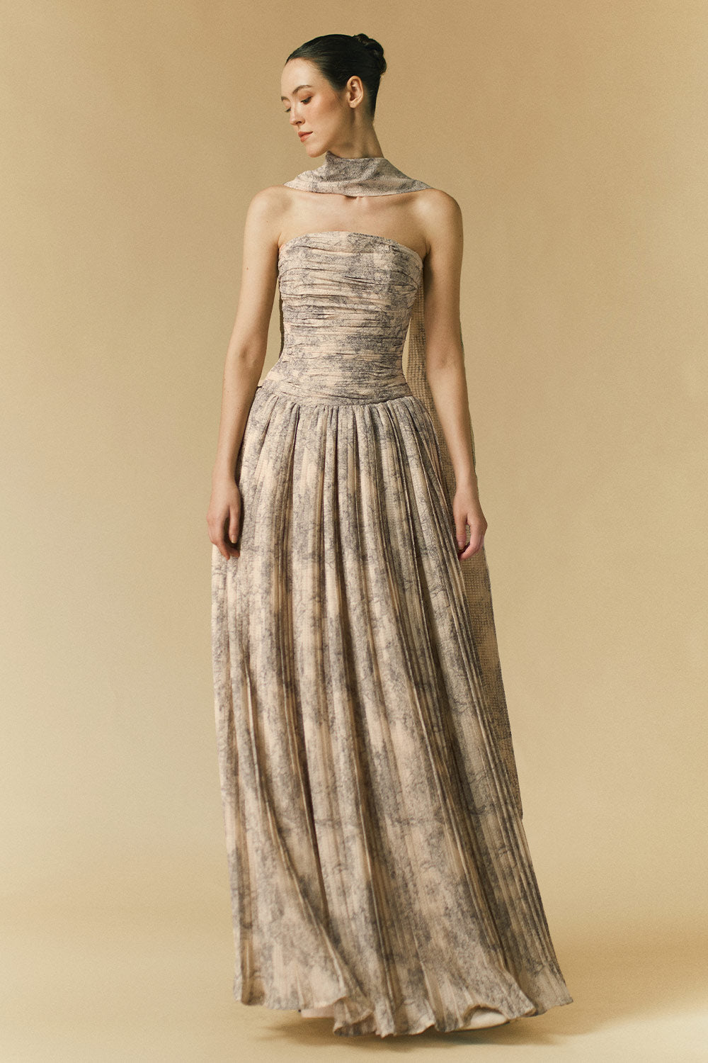 Cascade Gathered Open Shoulder Polyester Floor Length Dress