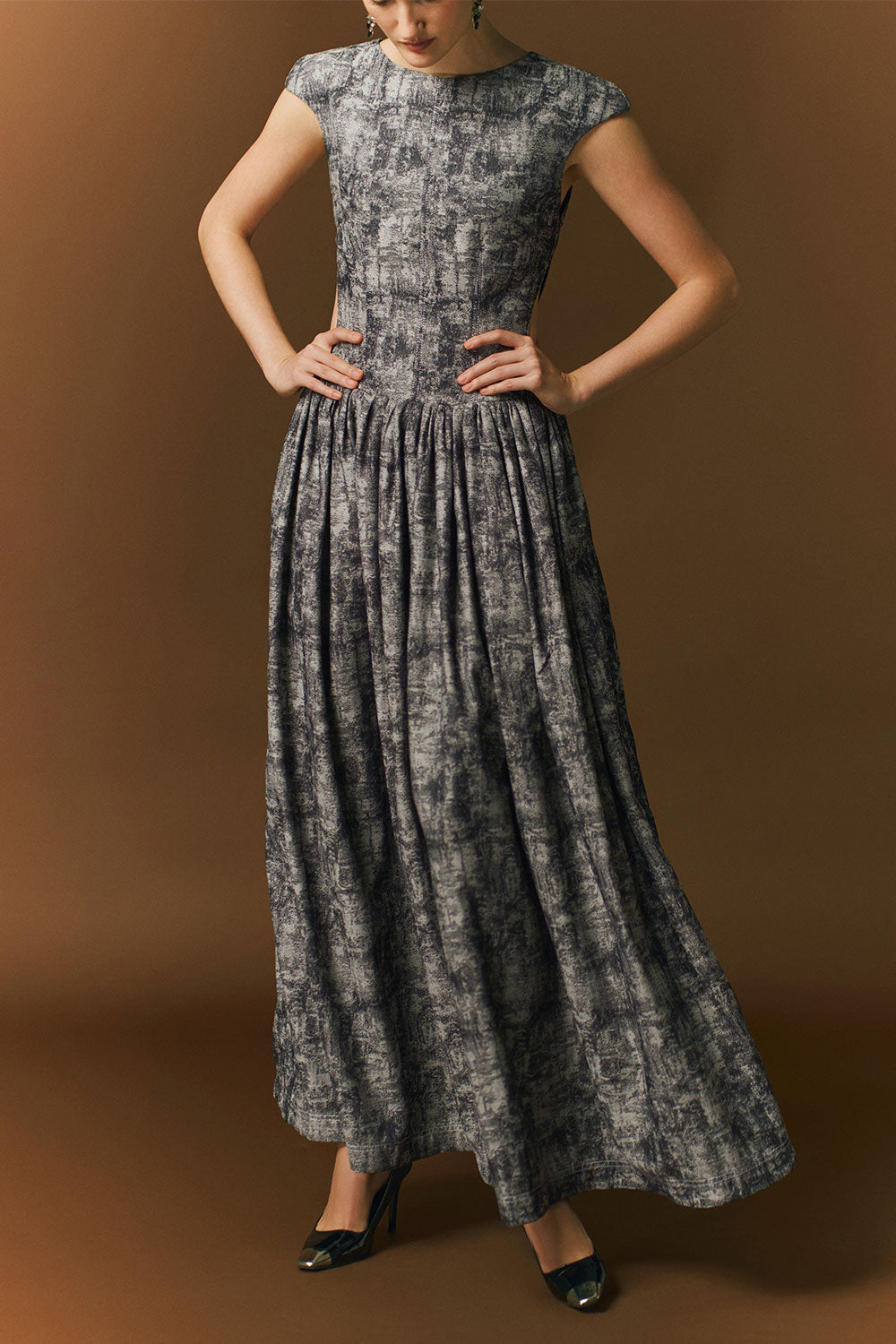 Daria Gathered Cap Sleeved Cotton Jacquard Ankle Length Dress