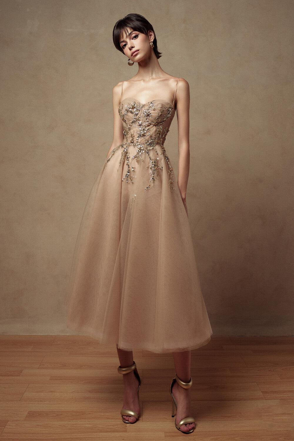 Tiana Fit and Flare Sweetheart Neck Mesh Midi Dress - MEAN BLVD