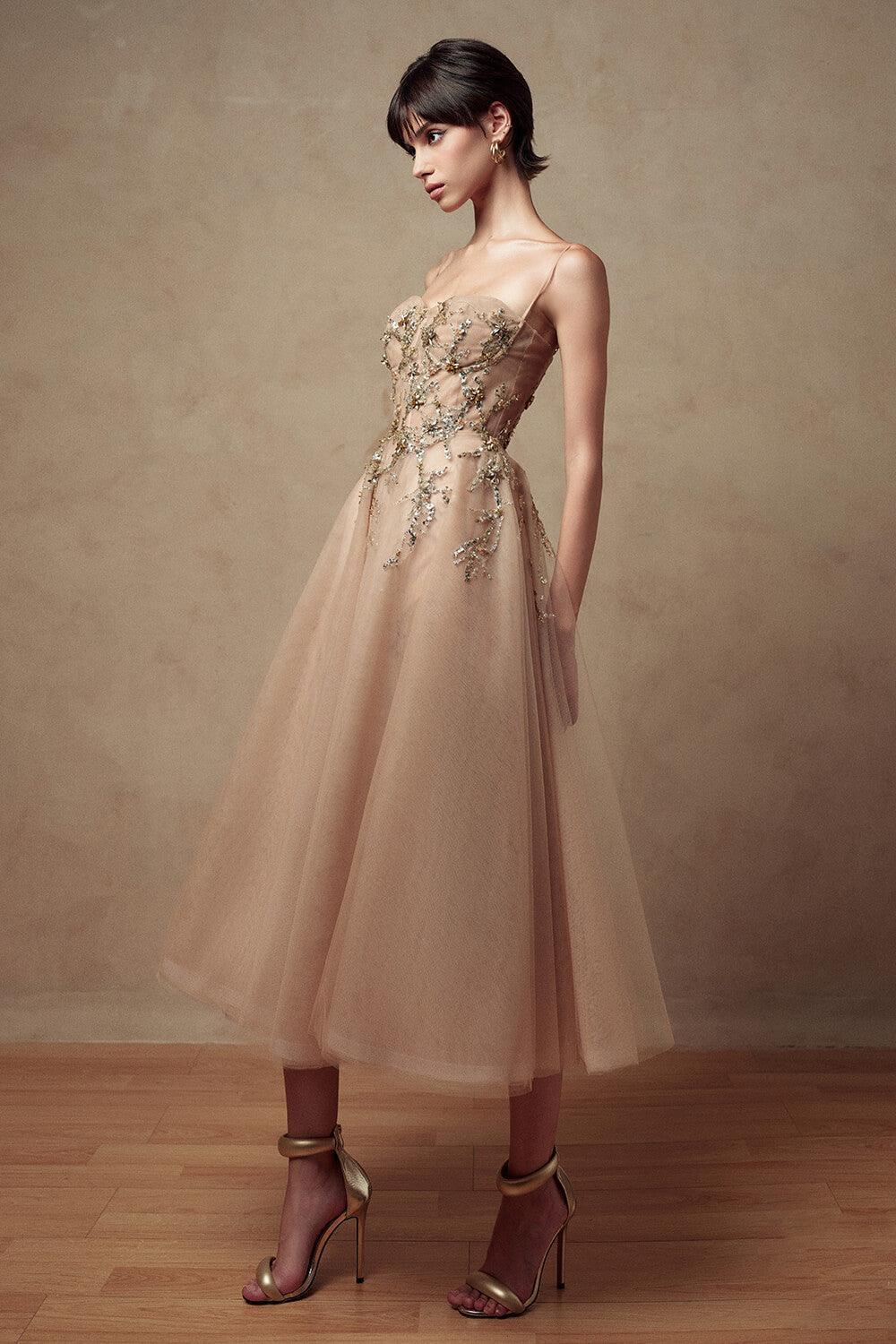 Tiana Fit and Flare Sweetheart Neck Mesh Midi Dress - MEAN BLVD