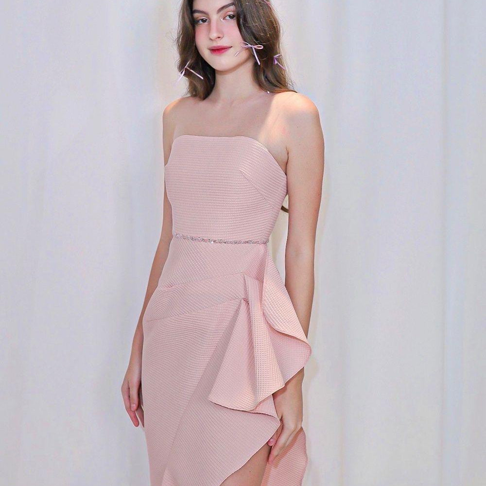 Tiffany Asymmetric Side Slit Foam Synthetic Midi Dress - MEAN BLVD
