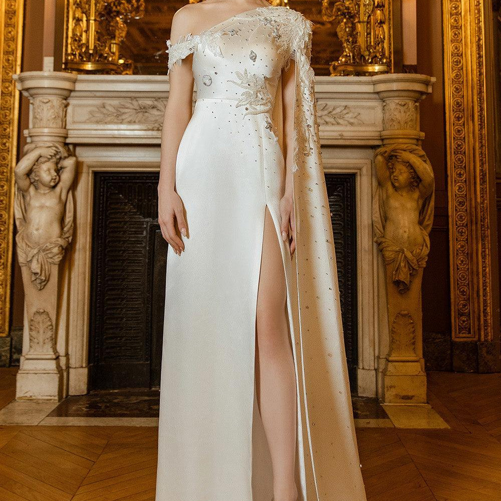 Timeless Slit Diagonal Neck Taffeta Silk Floor Length Dress - MEAN BLVD