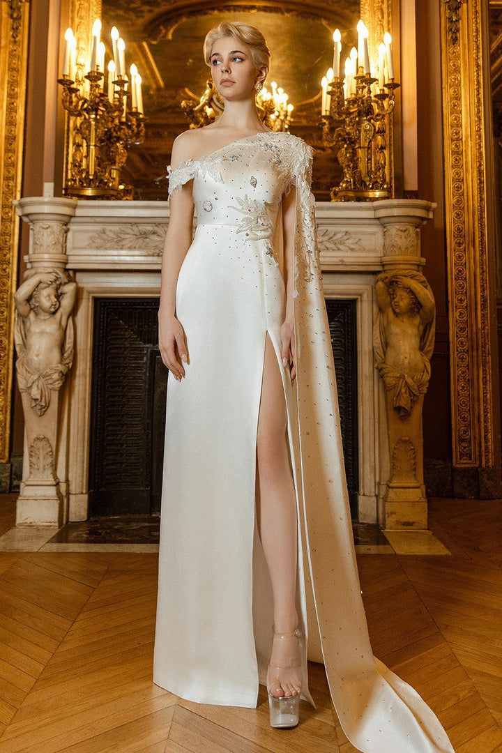 Women's Timeless Slit Diagonal Neck Taffeta Silk Floor Length