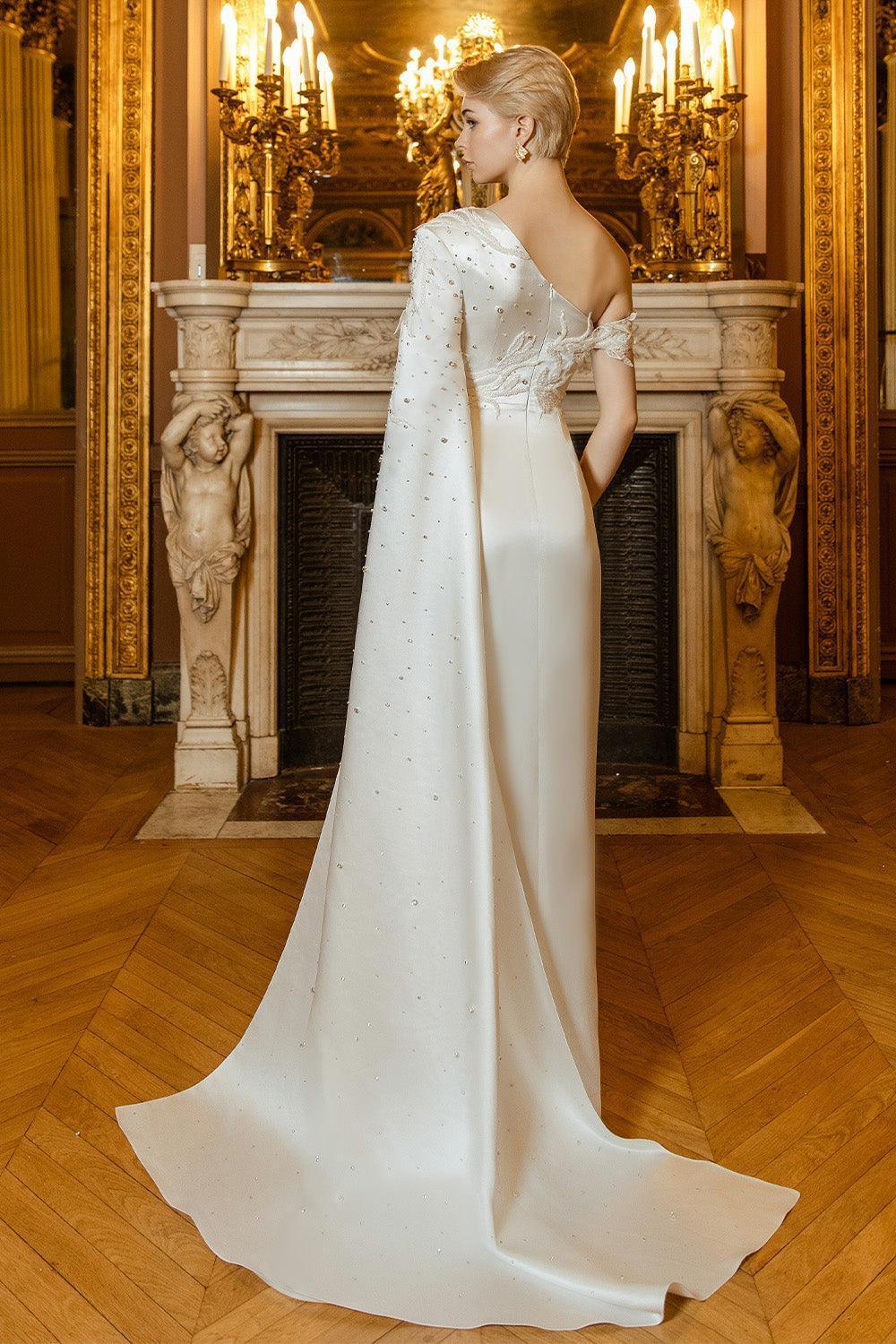 Women's Timeless Slit Diagonal Neck Taffeta Silk Floor Length Dress XS