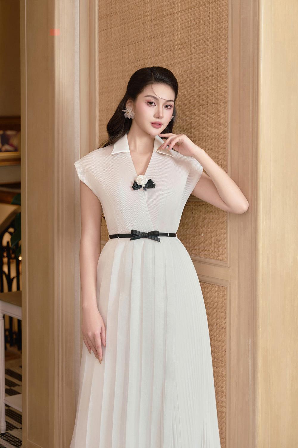 Women's Tina Asymmetric Pleated Foam Ankle Length Dress S/M/L/Customize White MEAN BLVD Women's Tina Asymmetric Pleated Foam Ankle Length Dress S/M/L/Customize White MEAN BLVD