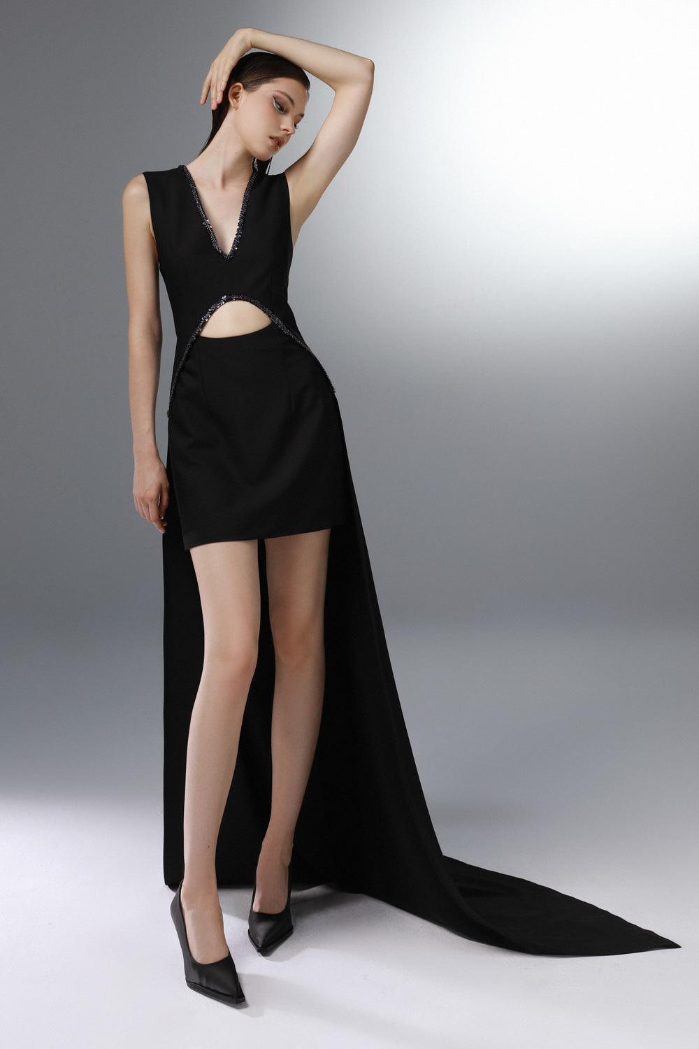 Tinselltown Asymmetric V-Neck Wool Cotton High-low Dress Black / 0