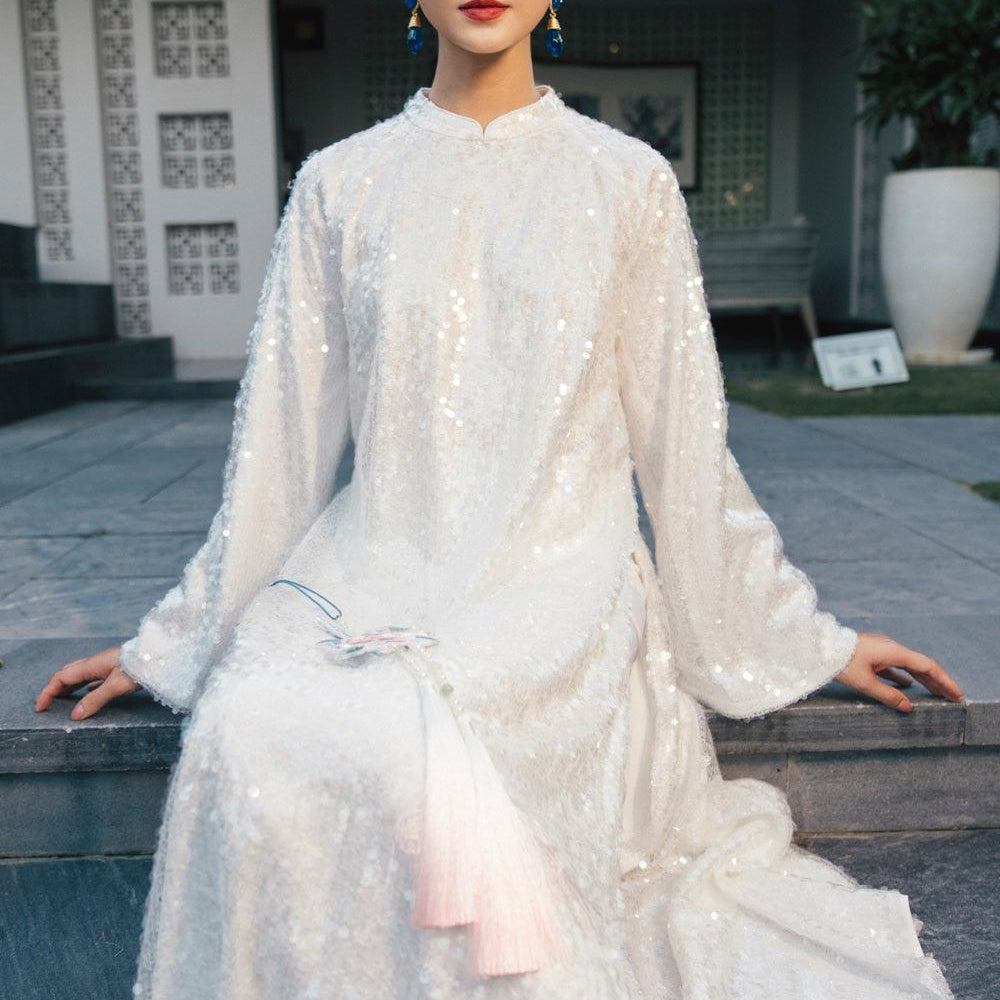 To Sa Straight Wide Sleeved Sequin Floor Length Ao Dai - MEAN BLVD