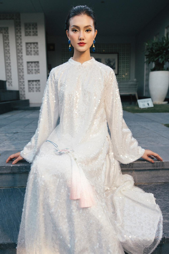 To Sa Straight Wide Sleeved Sequin Floor Length Ao Dai - MEAN BLVD