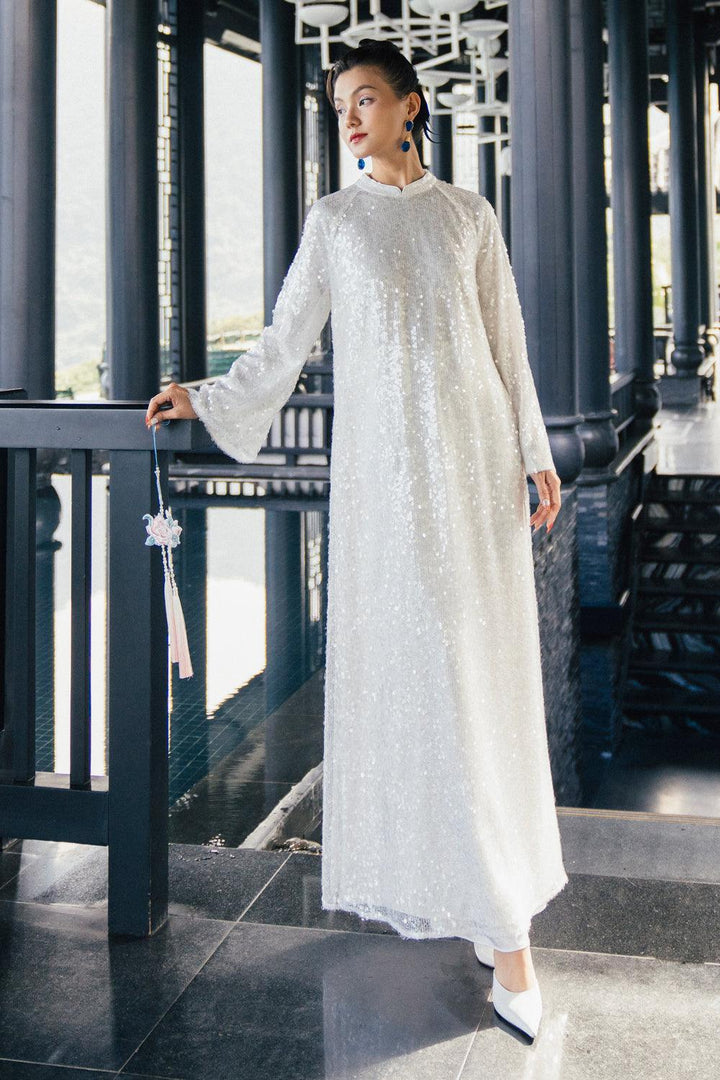 To Sa Straight Wide Sleeved Sequin Floor Length Ao Dai - MEAN BLVD