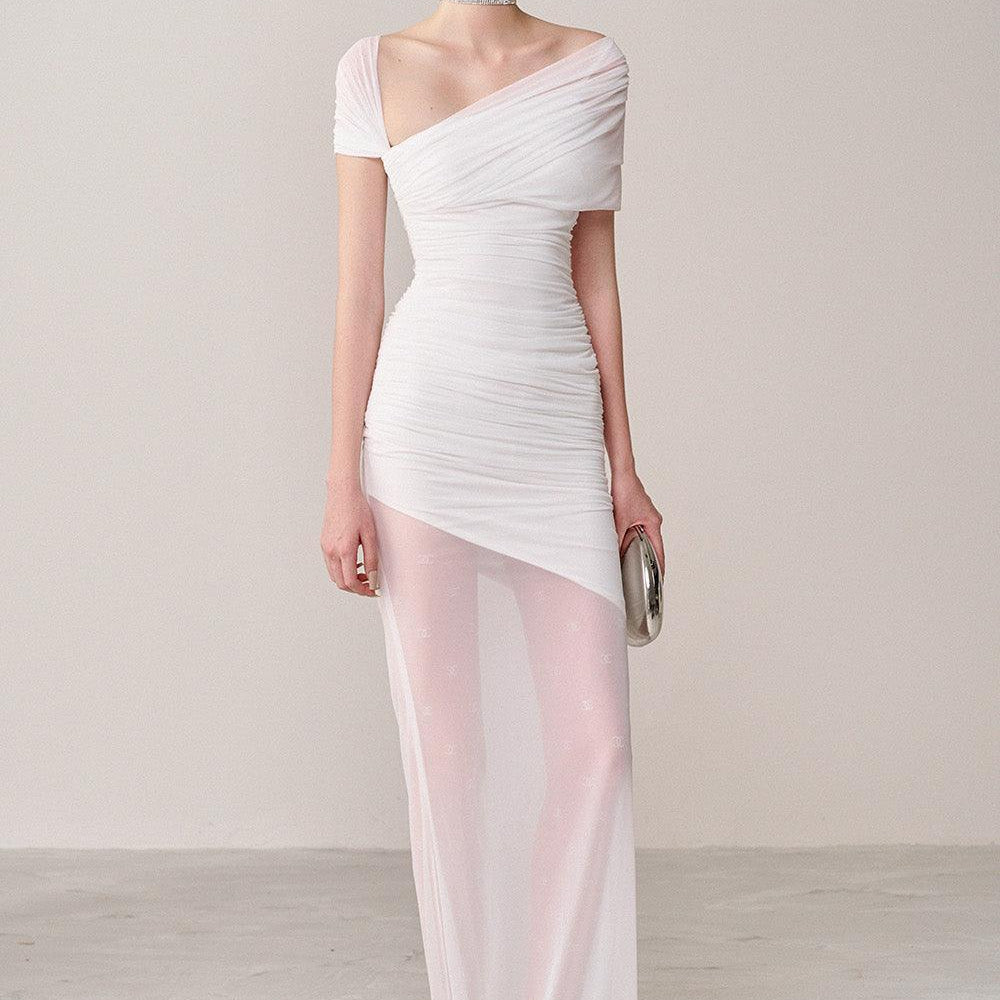 Tolvin Gathered Diagonal Neck Organza Spandex Maxi Dress - MEAN BLVD
