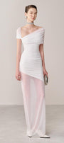 Tolvin Gathered Diagonal Neck Organza Spandex Maxi Dress - MEAN BLVD