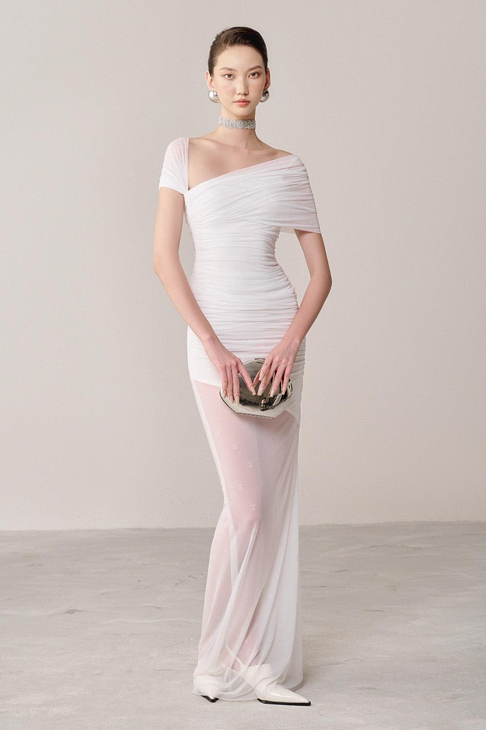 Tolvin Gathered Diagonal Neck Organza Spandex Maxi Dress - MEAN BLVD