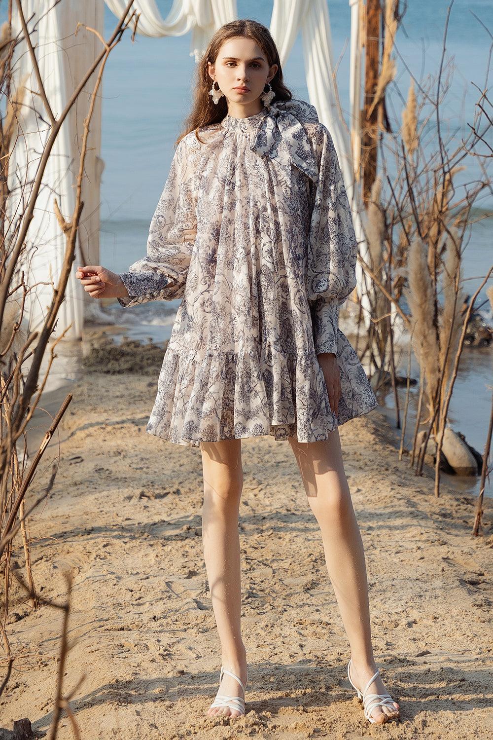 Tomye Drop Waist Puffy Sleeved Silk Linen Mini Dress - MEAN BLVD