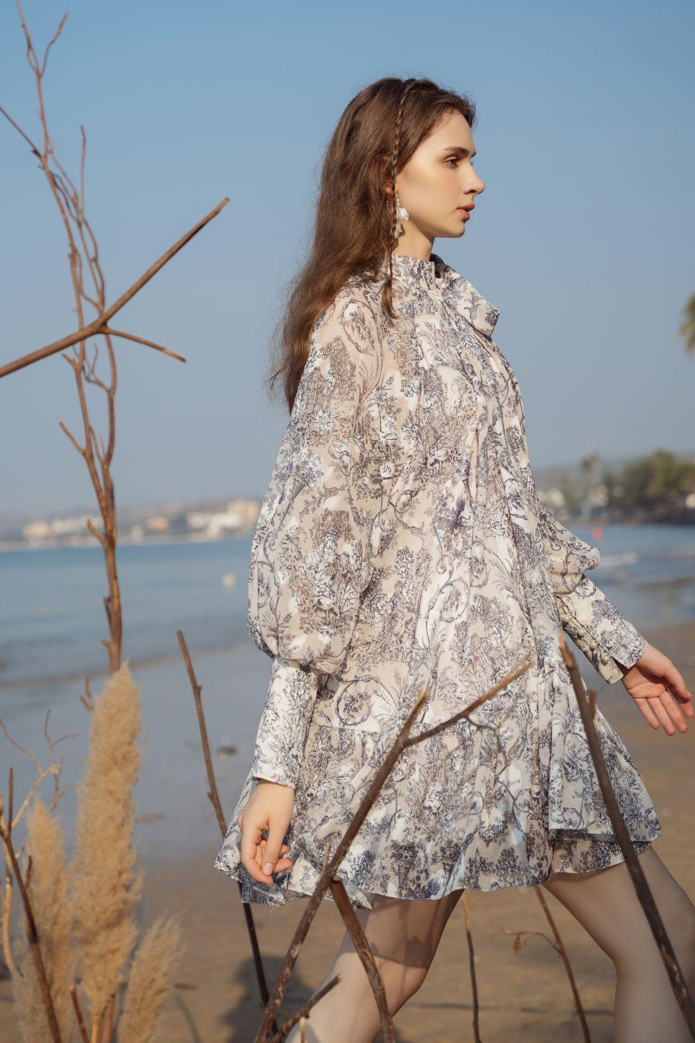 Tomye Drop Waist Puffy Sleeved Silk Linen Mini Dress - MEAN BLVD