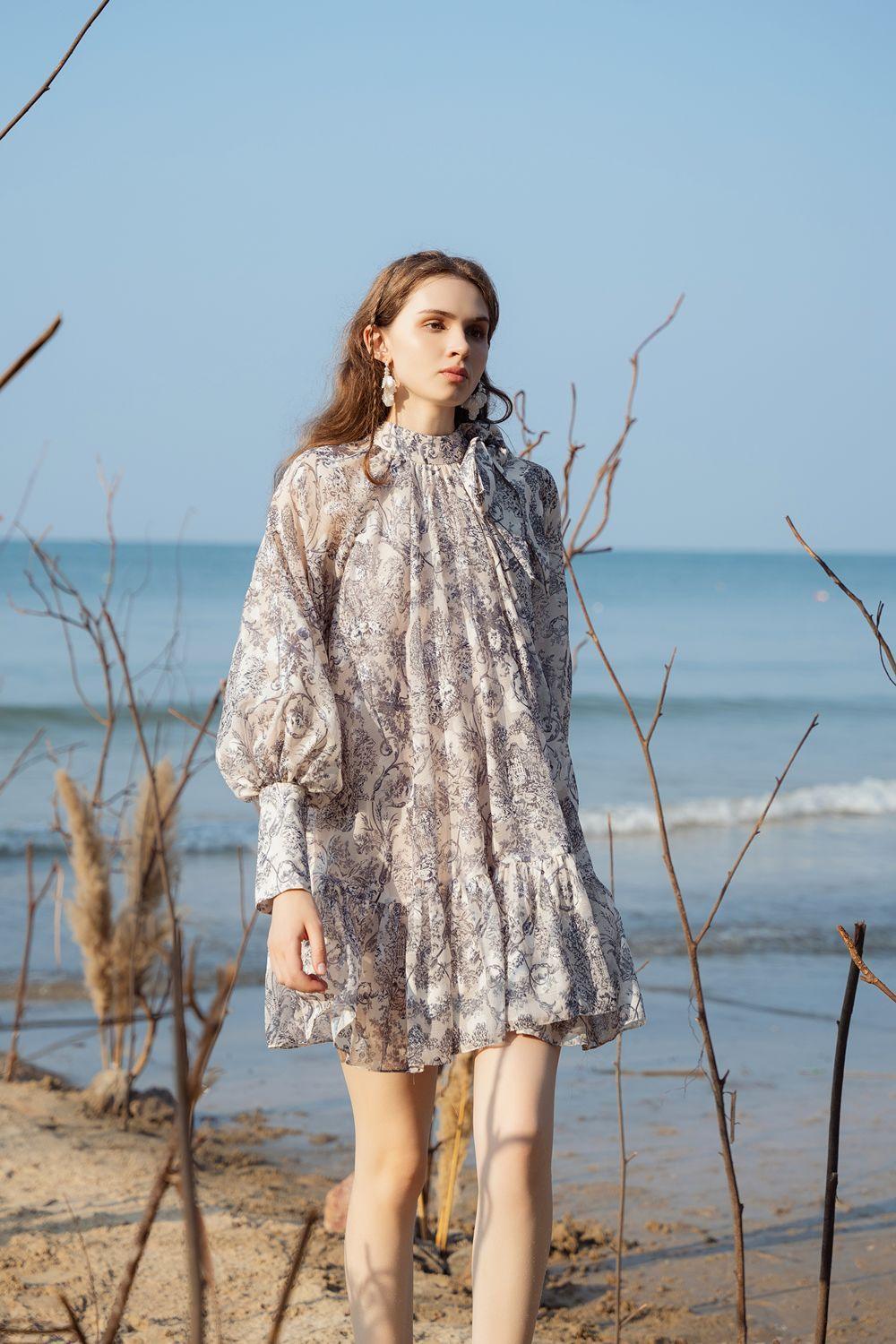 Tomye Drop Waist Puffy Sleeved Silk Linen Mini Dress - MEAN BLVD