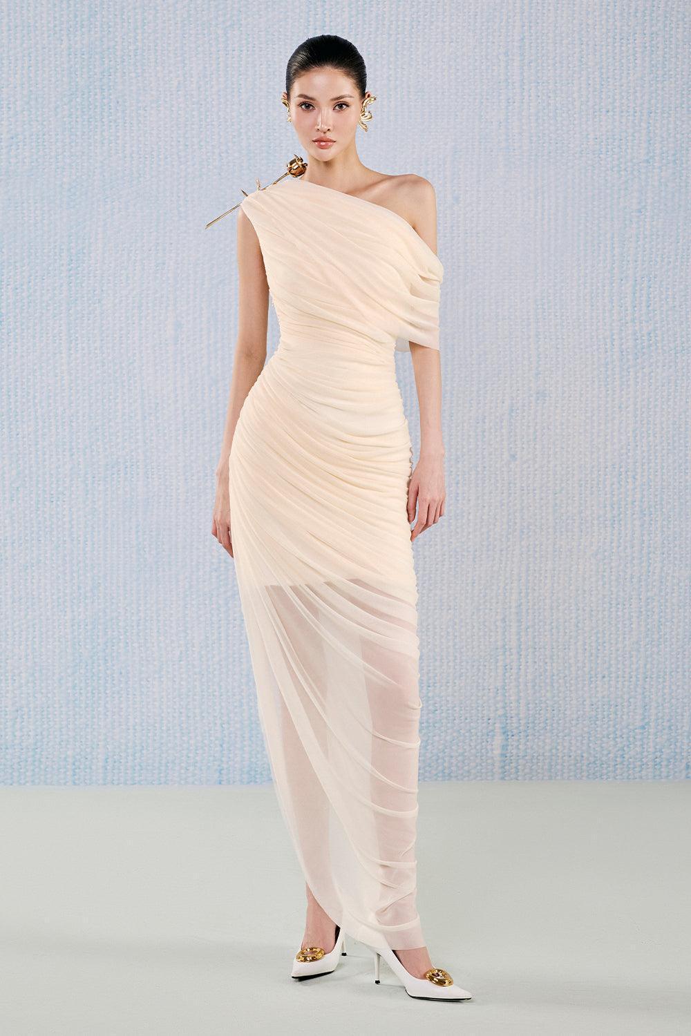 Topaz Asymmetric Gathered Viscose Floor Length Dress | MEAN BLVD