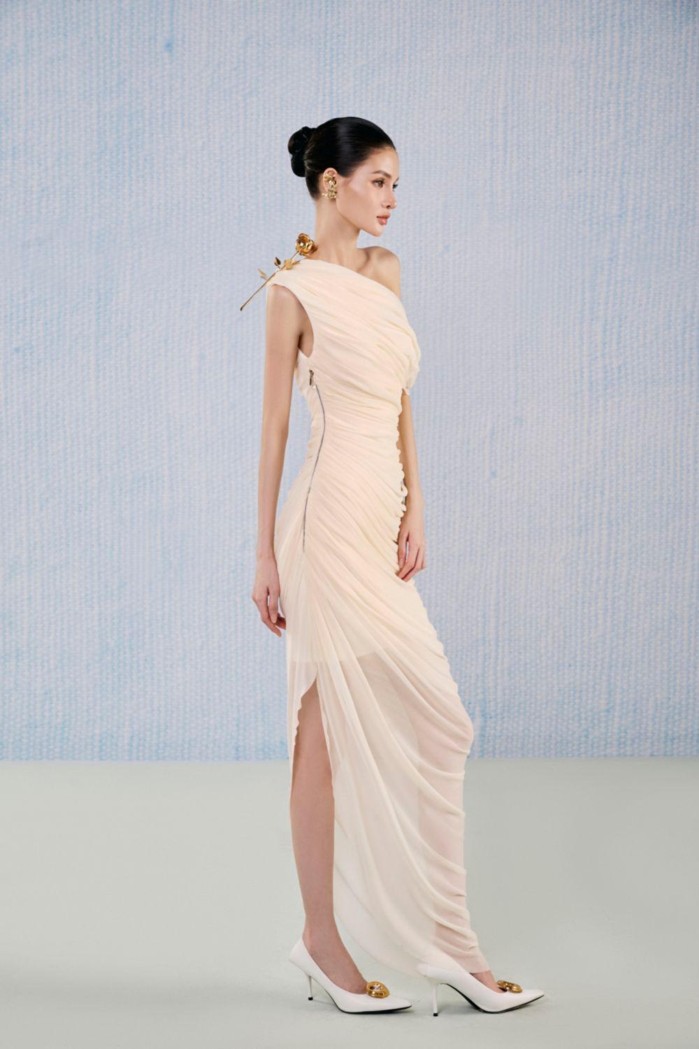 Topaz Asymmetric Gathered Viscose Floor Length Dress - MEAN BLVD
