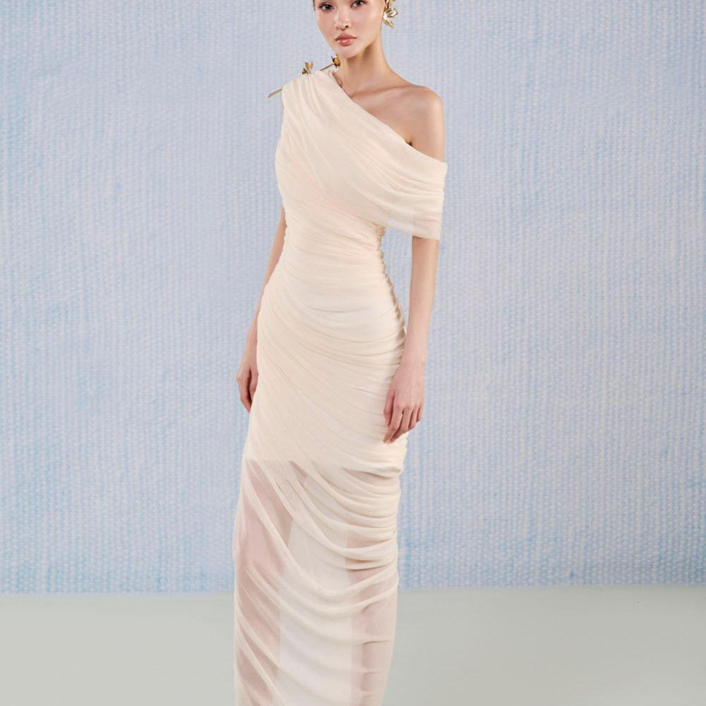 Topaz Asymmetric Gathered Viscose Floor Length Dress - MEAN BLVD