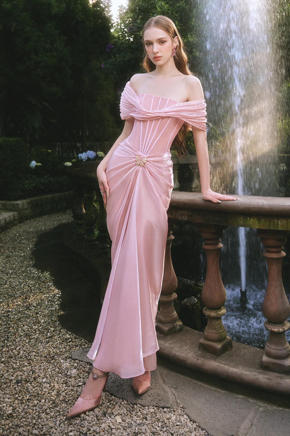 Tracy Sarong Off-Shoulder Chiffon Ankle Length Dress - MEAN BLVD