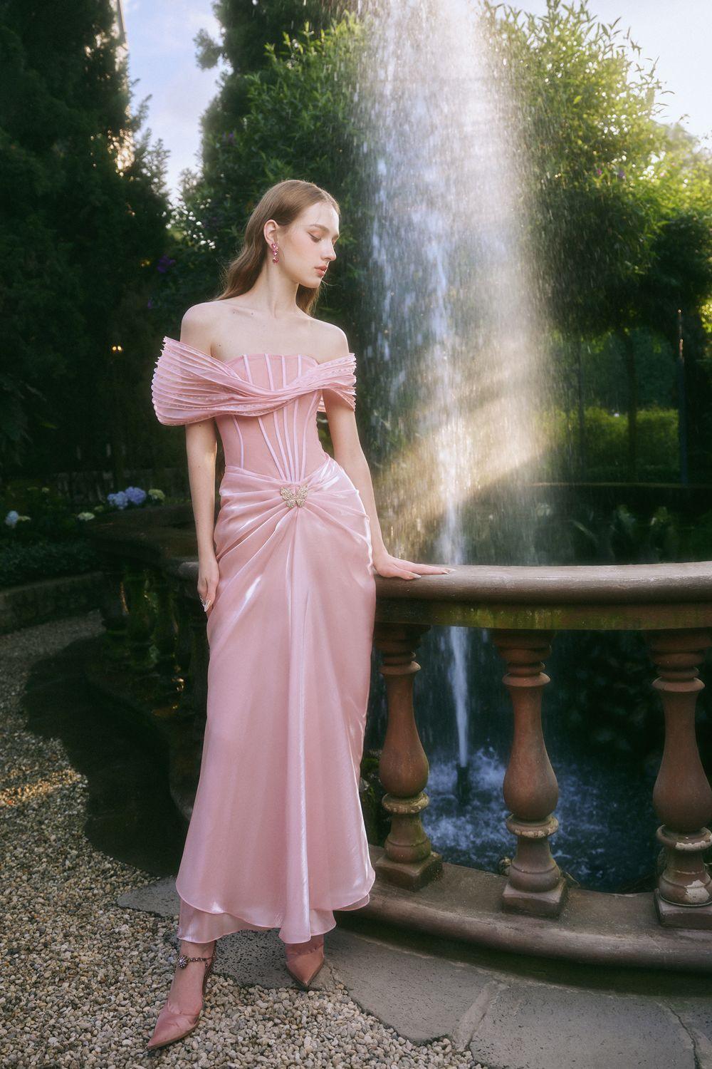 Women's Tracy Sarong Off-Shoulder Chiffon Ankle Length Dress XS/XS/S/M/L/XL/Customize Pink/Brown MEAN BLVD Pink / XS