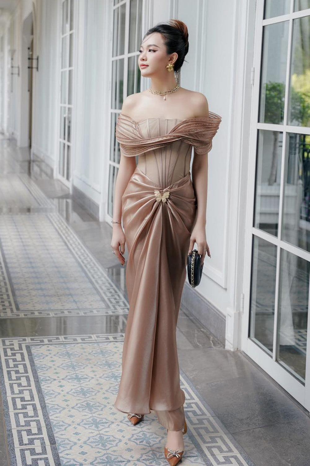 Women's Tracy Sarong Off-Shoulder Chiffon Ankle Length Dress XS/XS/S/M/L/XL/Customize Pink/Brown Mean Blvd Brown / Xs Women's Tracy Sarong Off-Shoulder Chiffon Ankle Length Dress XS/XS/S/M/L/XL/Customize Pink/Brown Mean Blvd Brown / Xs