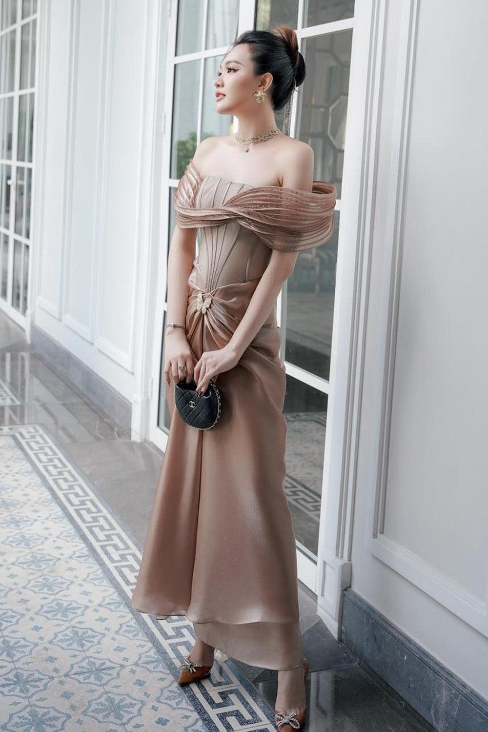 Tracy Sarong Off-Shoulder Chiffon Ankle Length Dress - MEAN BLVD