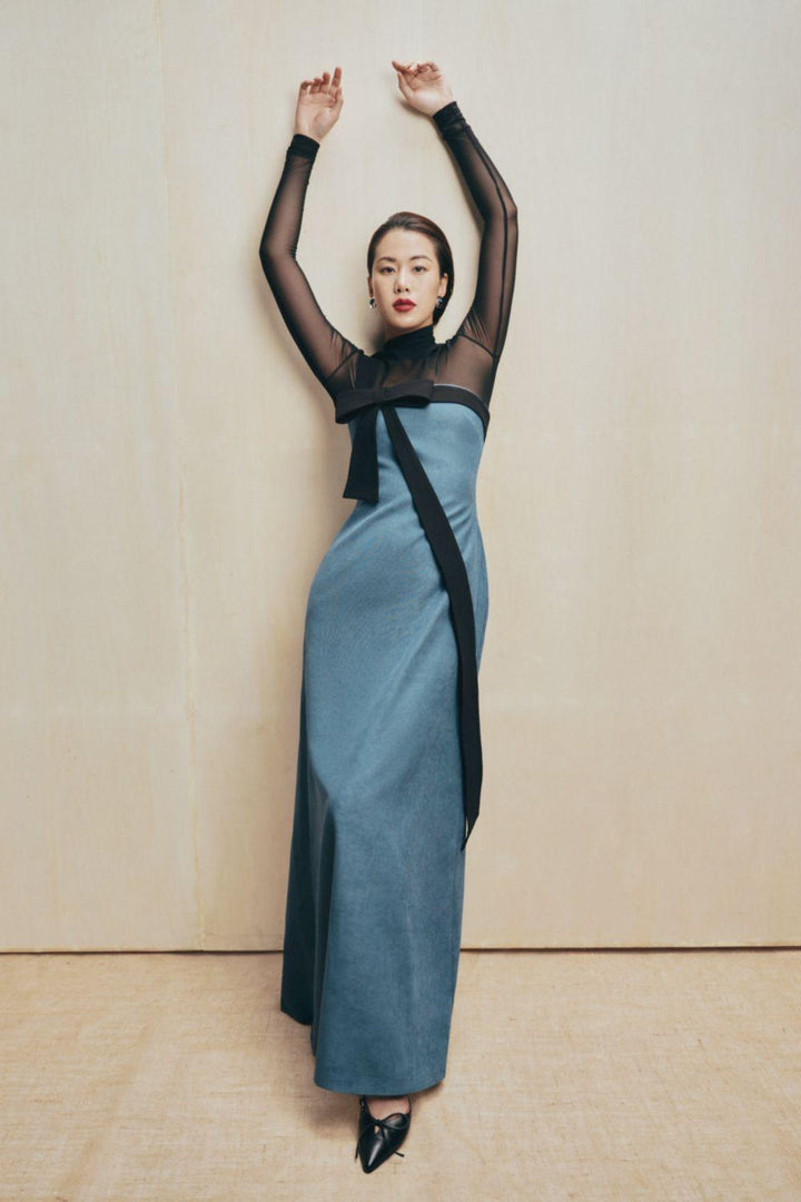 Trang Strapless Bow Tie Velvet Floor Length Dress - MEAN BLVD