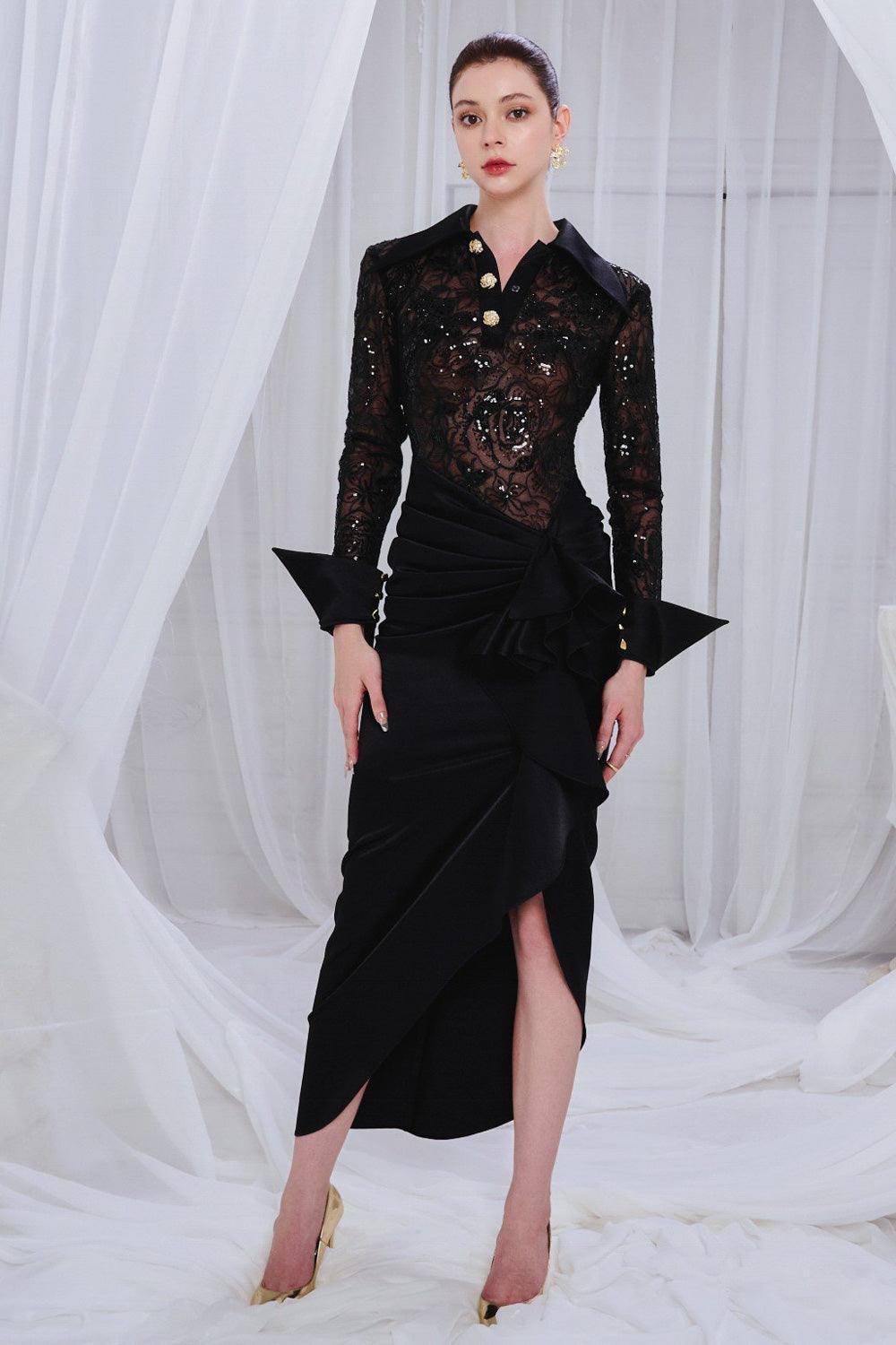 Women's Tristen Asymmetric Waist Pleated Organdy Ankle Length Dress XS/S/M/L/XL Black MEAN BLVD