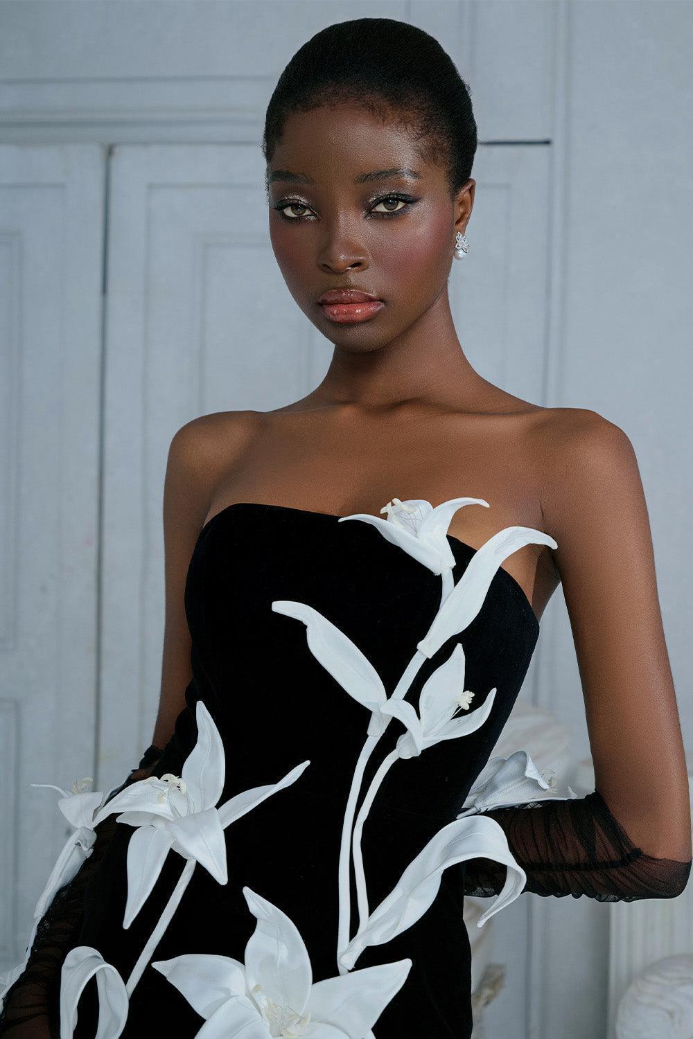 Tulip Flower A-line Straight Across Neck Velvet Mini Dress Black / S