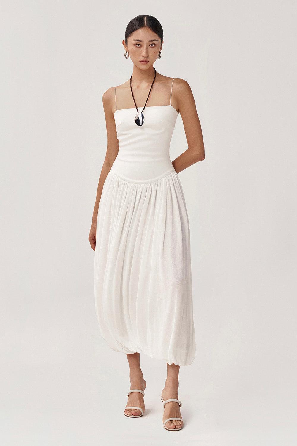 Tulip Gathered Spaghetti Strap Cotton Spandex Midi Dress