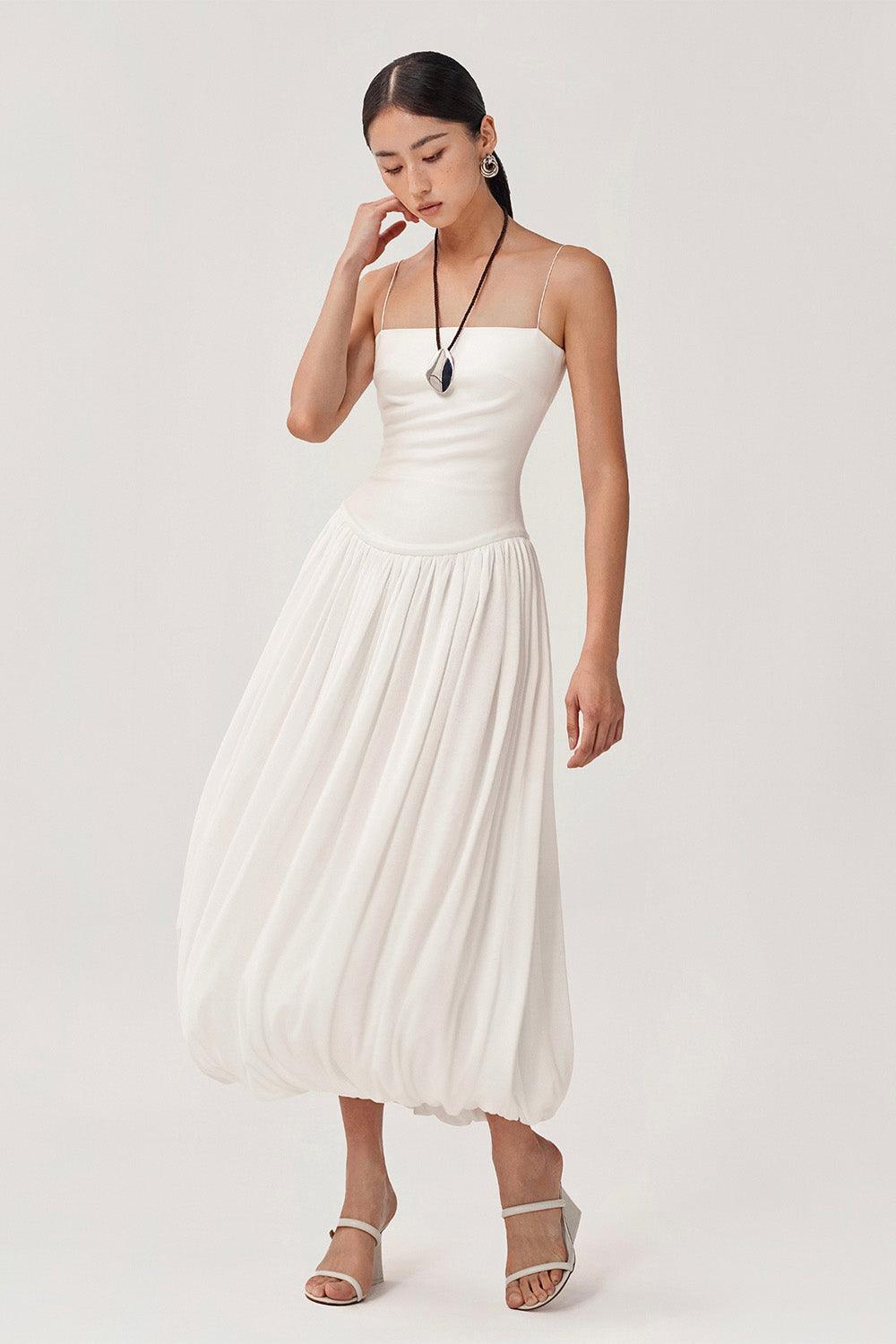 cotton spaghetti strap dress Women's Tulip Gathered Spaghetti Strap Cotton Spandex Midi Dress  S/M/L/Customize Black/White MEAN BLVD